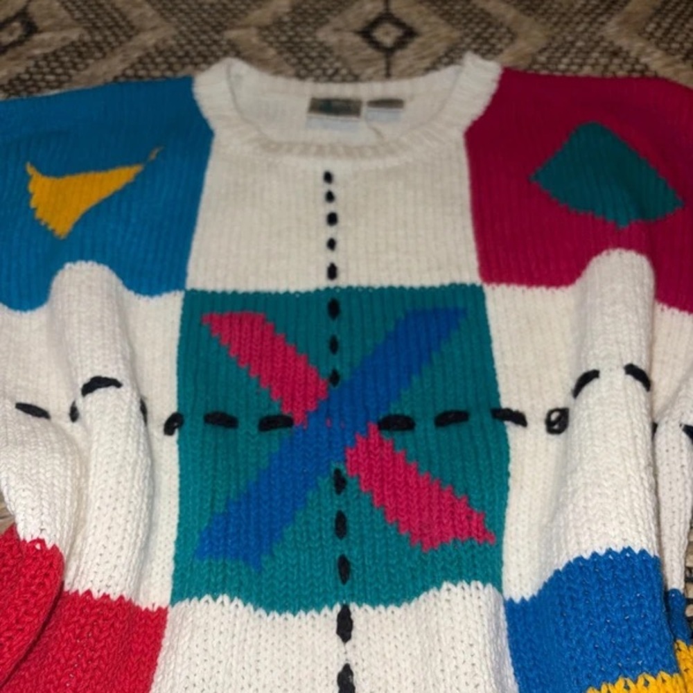 Geometric Colorblock Crewneck Sweater - White/Multi - Picture 3 of 4